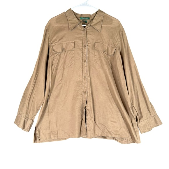 Lauren Ralph Lauren Women’s 3X Tan Plus Button LS Shirt Gorpcore Neutral Casual - Picture 1 of 12